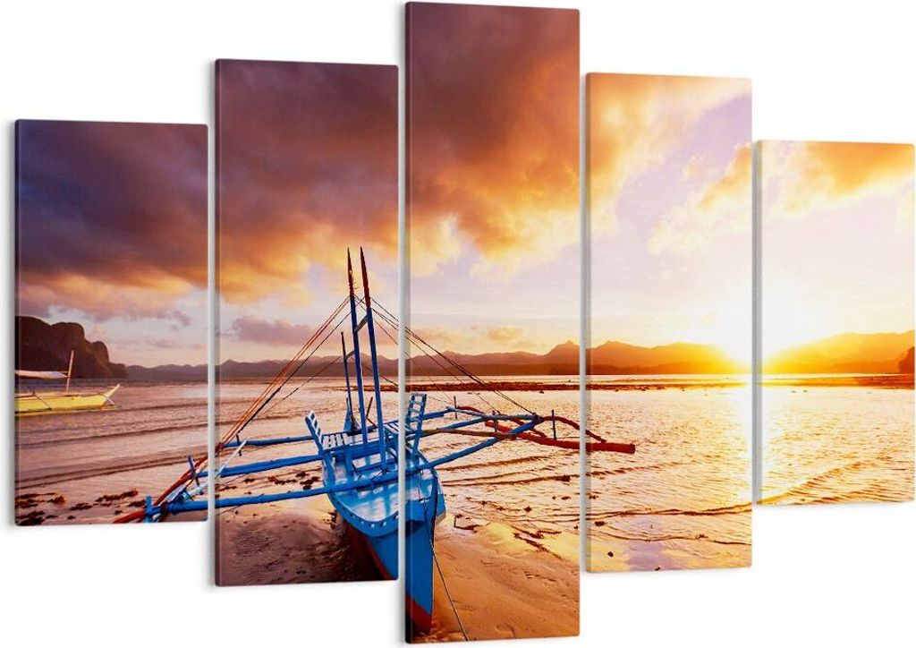 Bild auf Leinwand - Leinwandbild - Ufer Boot Strand - 150x100cm - Wand Bild - Wanddeko - Leinwanddruck - Bilder - Kunstdruck - Wanddekoration - Lei...