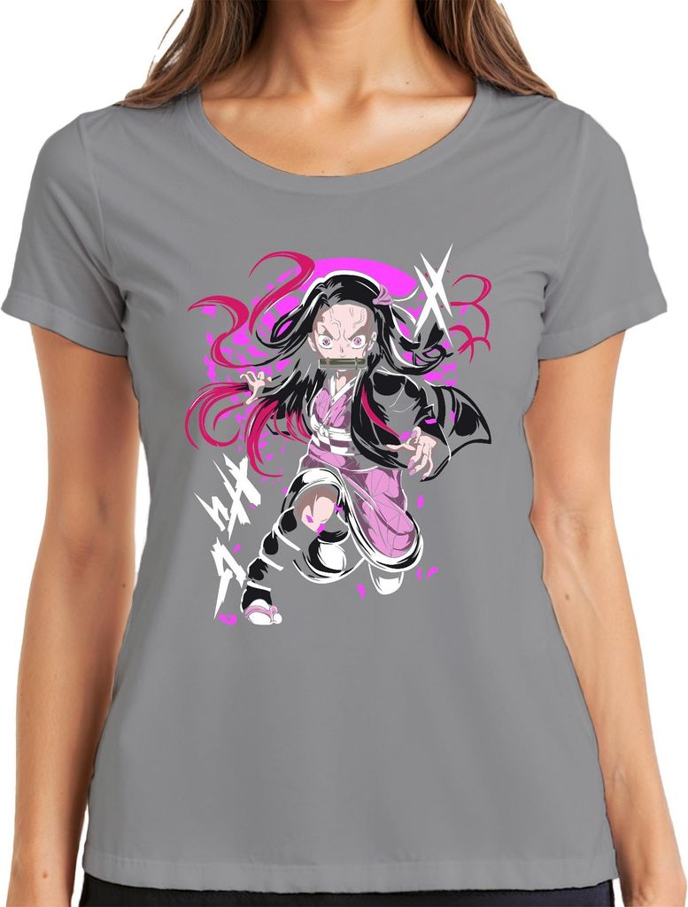 Nezuko Kamado Anime Dämon Kampfpose Bambus Beißschutz rosa Manga Damen T-Shirt, Grau, L