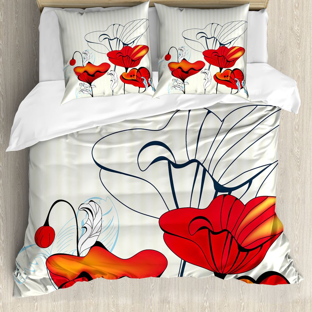 ABAKUHAUS Mohn Bettbezug, gestreifte Röschen, Milbensicher Allergiker geeignet mit Kissenbezügen, 200 cm x 200 cm - 80 x 80 cm, Red Pale Blue Beige