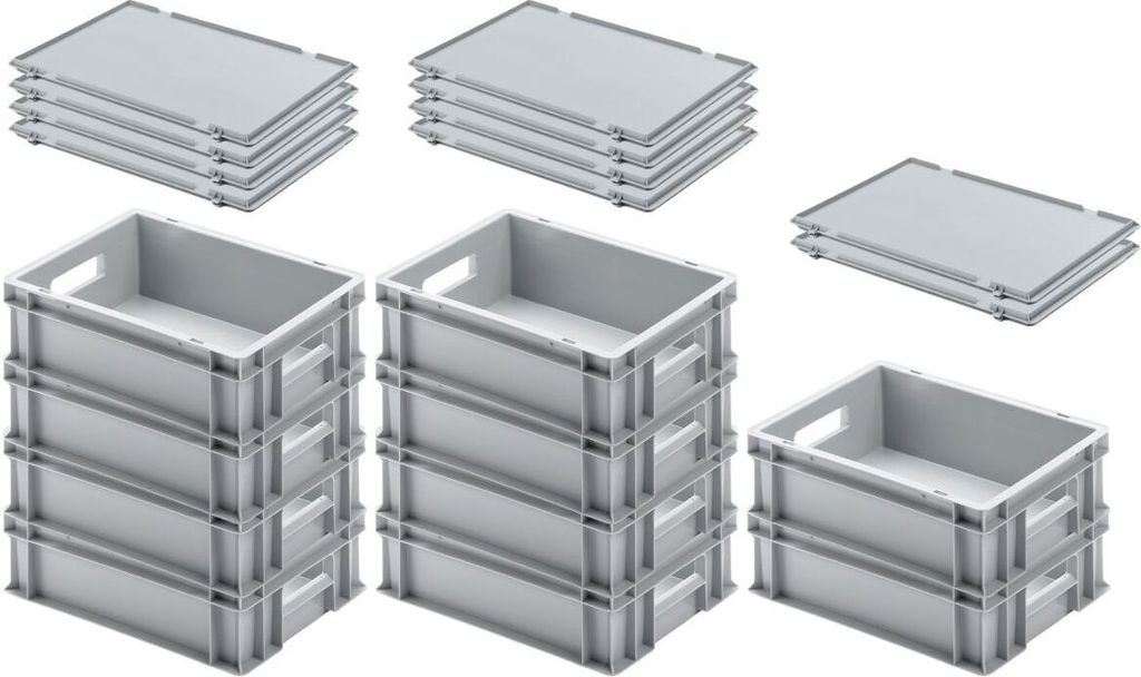 SuperSparSet 10x Eurobehälter mit offenem Griff und Scharnierdeckel | HxBxT 12x30x40cm | 11 Liter | Grau | Eurobox, Transportbox, Transportbehält...