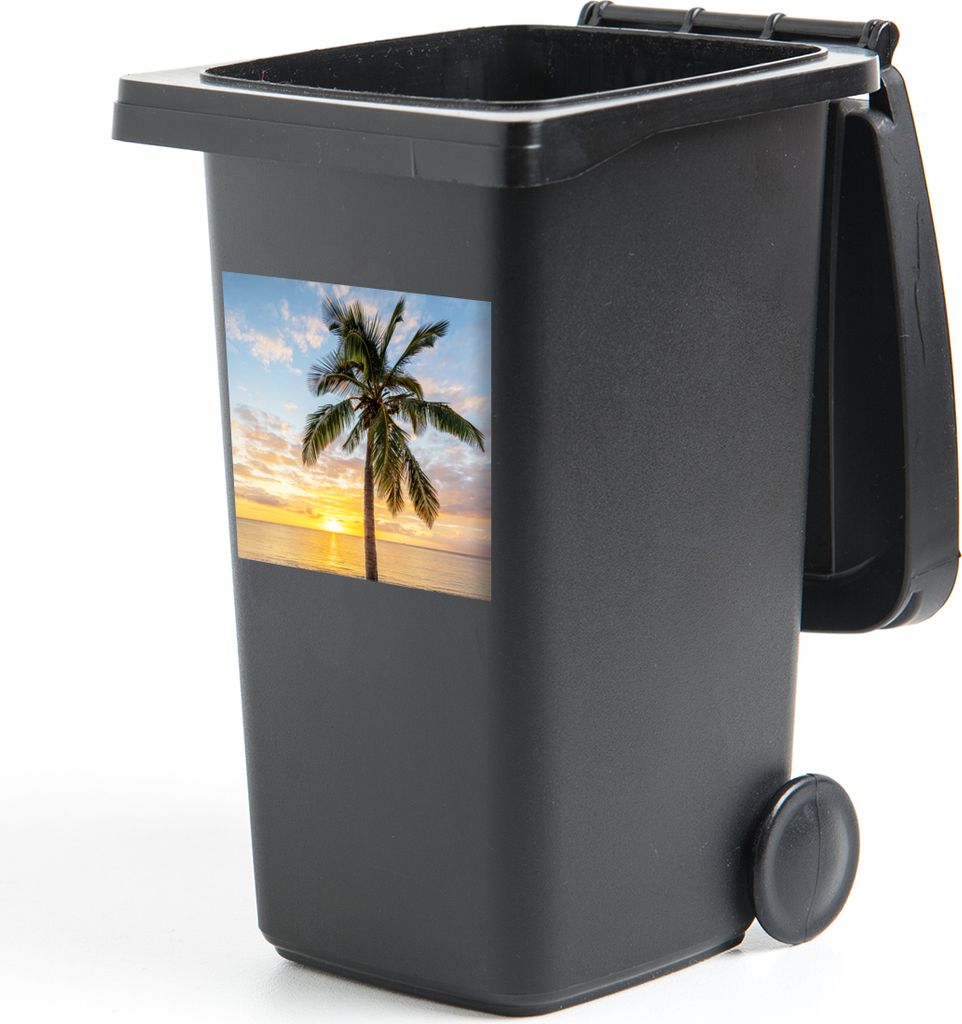 MuchoWow Mülltonnenaufkleber Strand - Palme - Sonnenuntergang 40x40 cm - Abfall-Aufkleber - Container - für Abfallcontainer