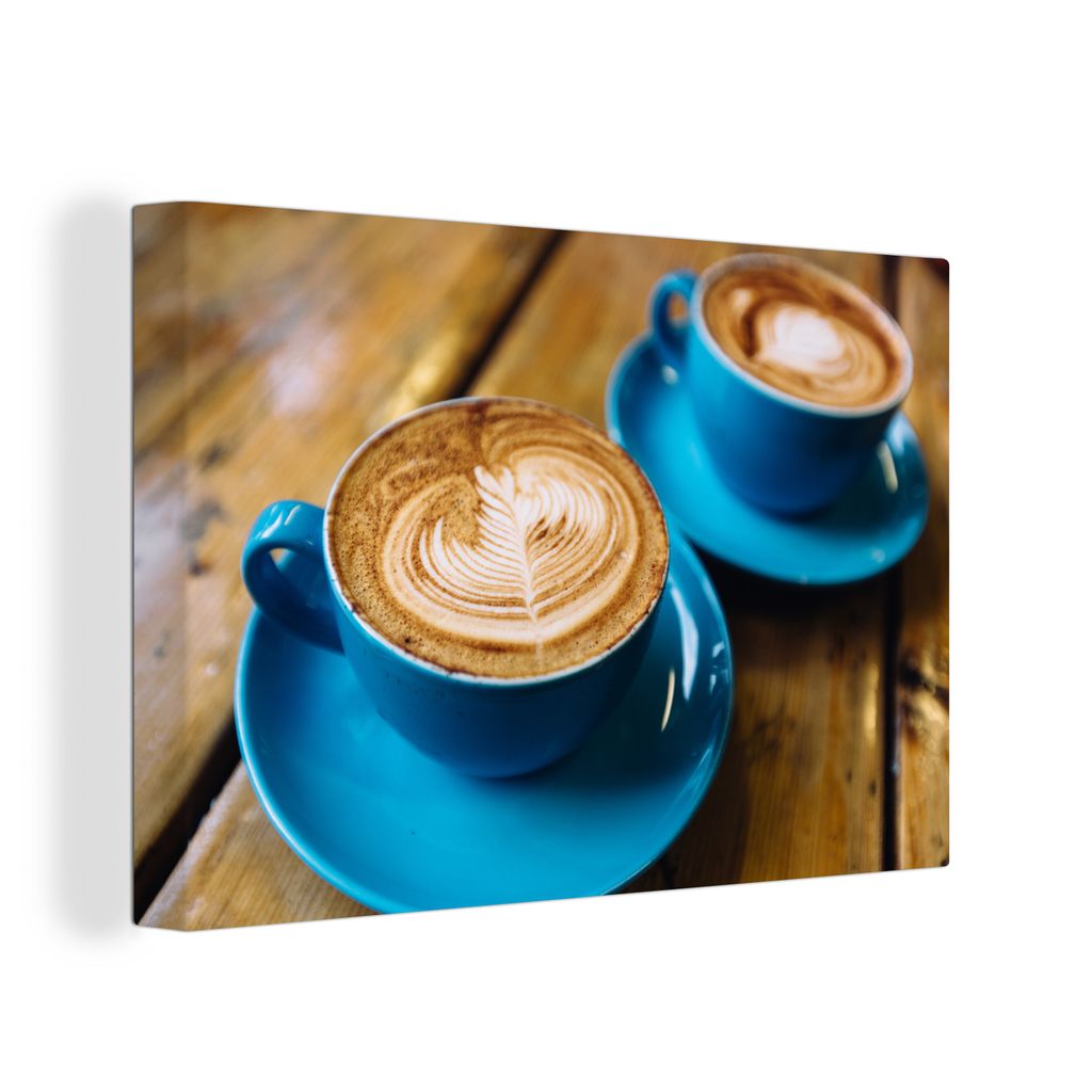 OneMillionCanvasses - Leinwandbilder - 140x90 cm, Zwei blaue Kaffeetassen auf einem Holztisch, Wandbilder Kunstdruck Wanddekoration - Foto auf Le...