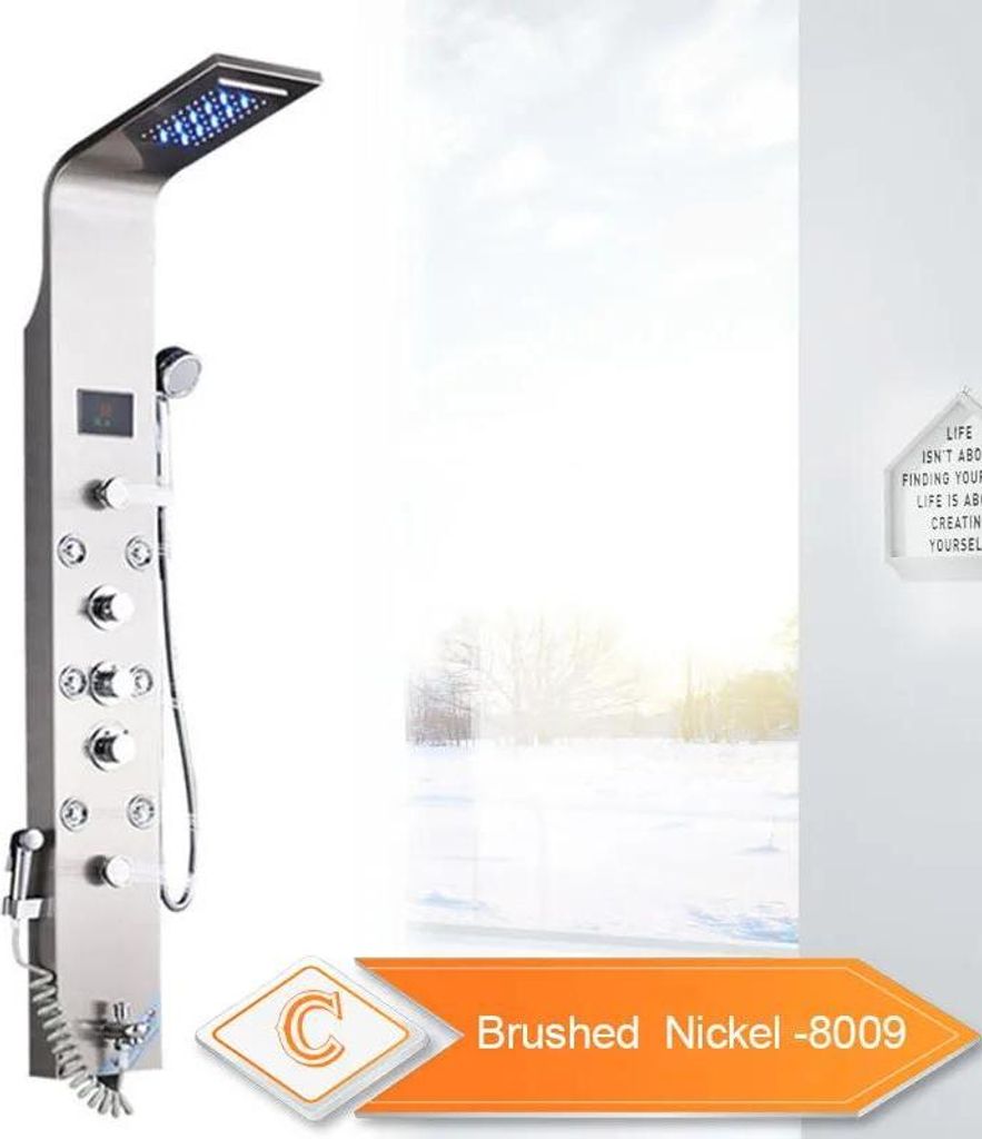 Duschpaneel, LED-Licht, Regen- und Wasserfallmodi, Gebürstetes Nickel 8009