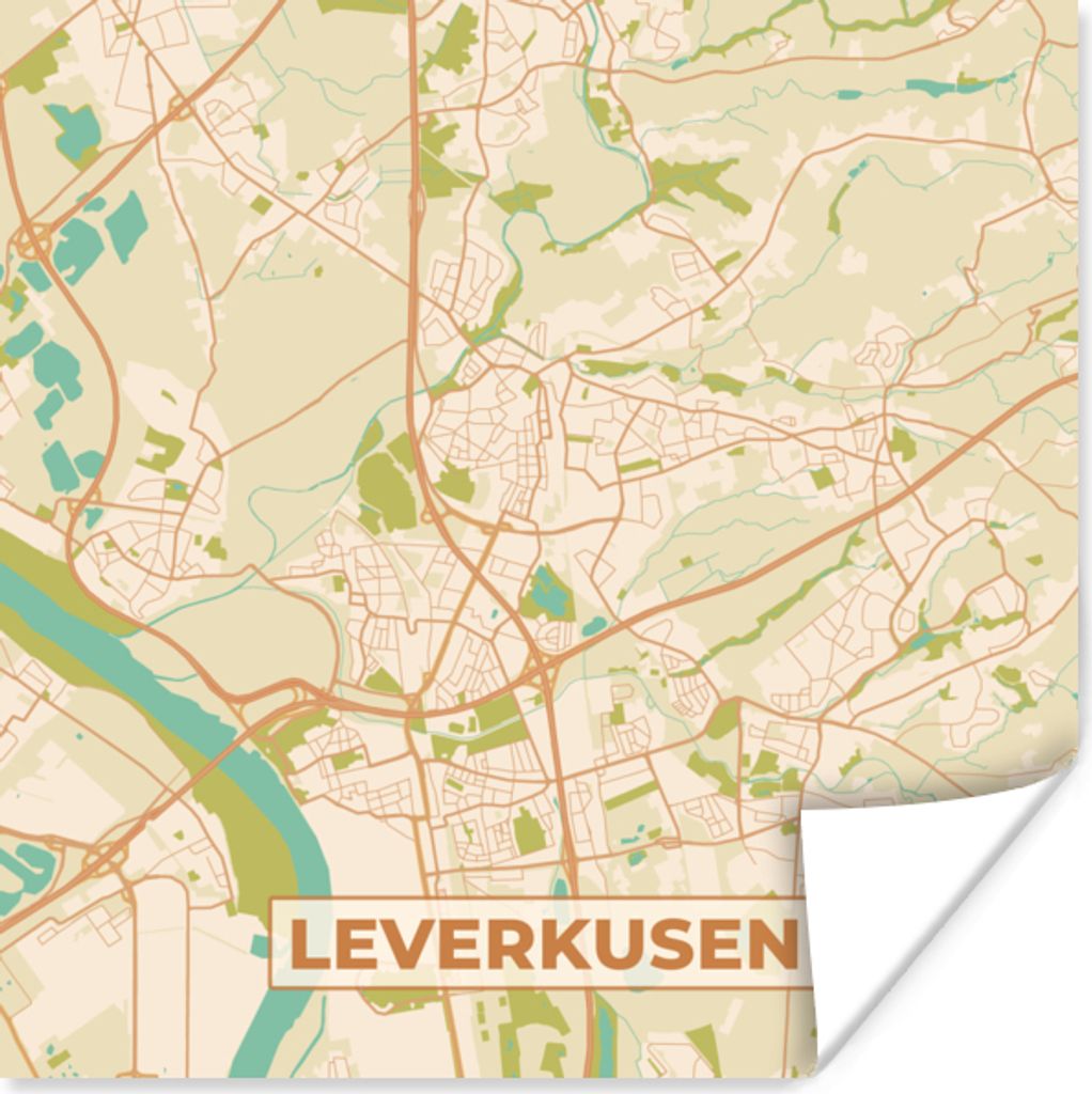 MuchoWow Poster Jahrgang - Karte - Leverkusen - Stadtplan 75x75 cm - Wand Dekoration