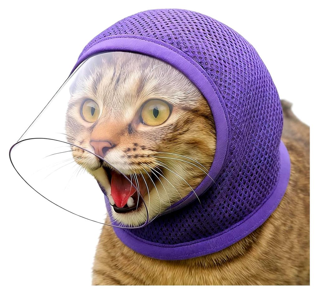 Katzenhelm für die Fellpflege, atmungsaktiv, verstellbar, Anti-Biss-Mesh-Abdeckung