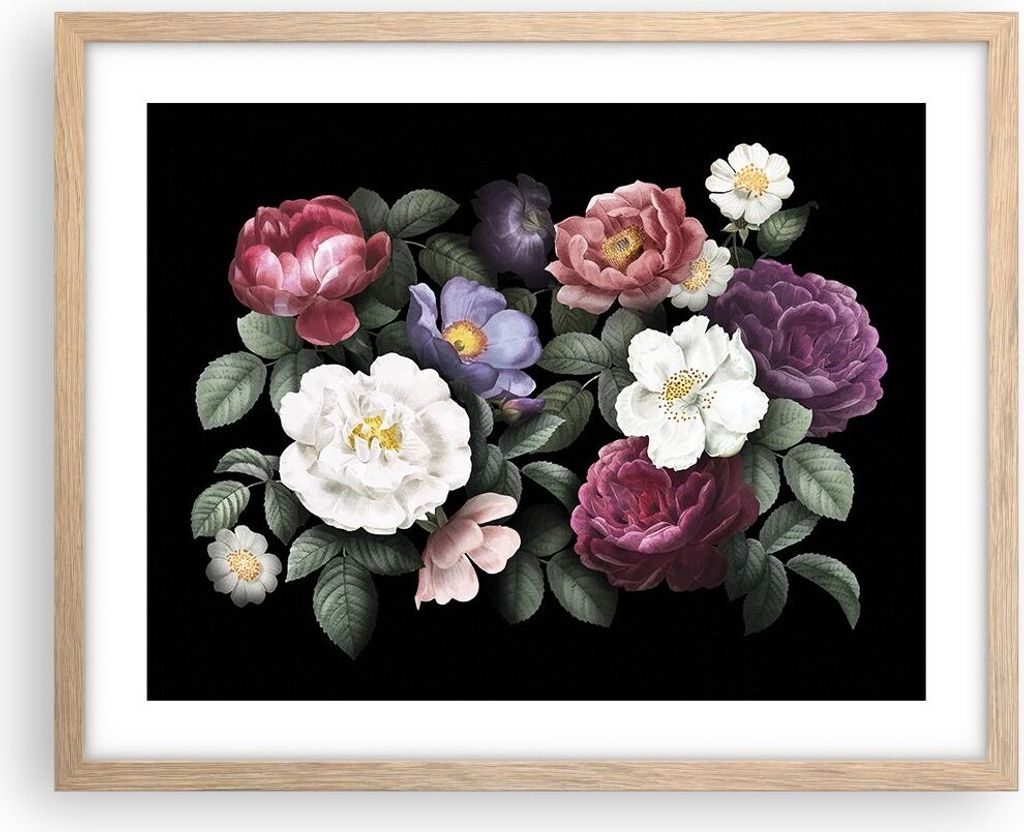Gerahmtes Poster - Rahmen in heller Eiche - Blumen Blumenstrauß Komposition - 50x40 cm - Wand Bild - Wanddeko - Wandbilder - Kunstposter - Wandpos...