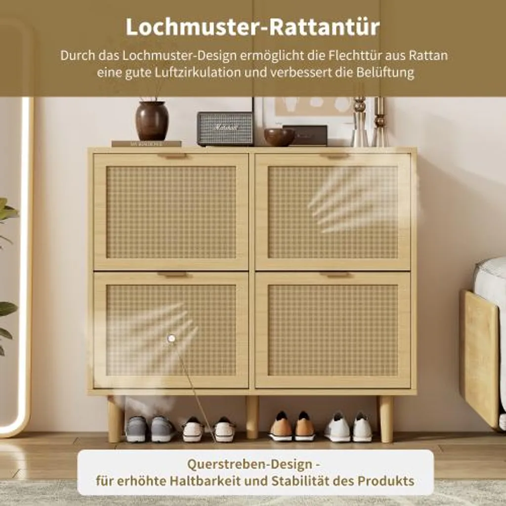 Commode à chaussures chêne clair avec 4 abattants rotin design 90 cm - 2