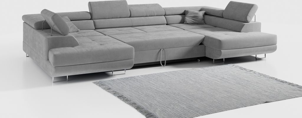 Ecksofa, Wohnzimmer U Couch, Polstersofa mit Bettkasten - GUSTAW-U - Hellgrau
