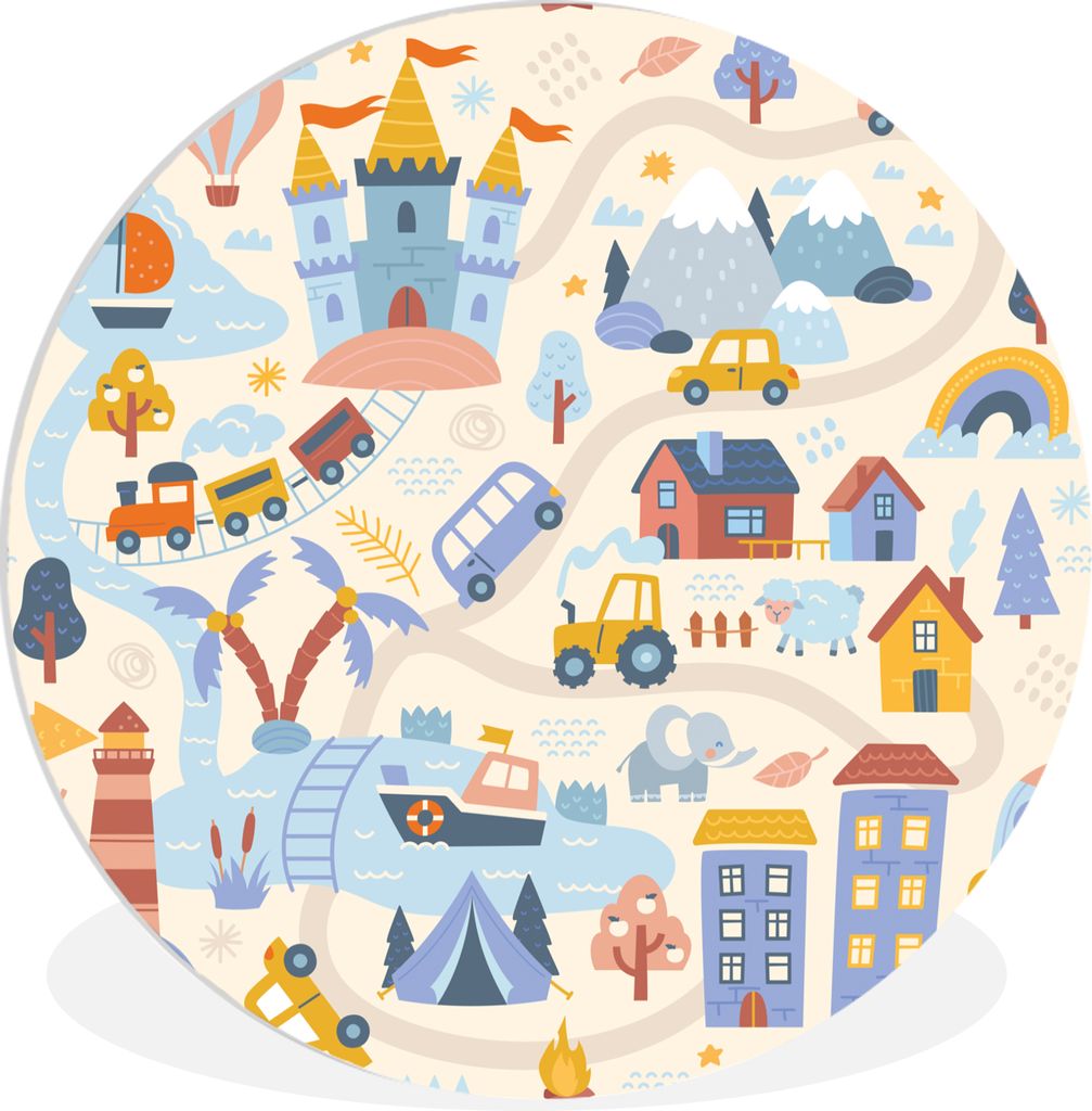 MuchoWow Rundes Wandbild - Runde Bilder Kinder - Auto - Schloss - Straßen Ø 90 cm Kreis Wanddekoration Kunststoff - Wandkreis - Wandschmuck - W...