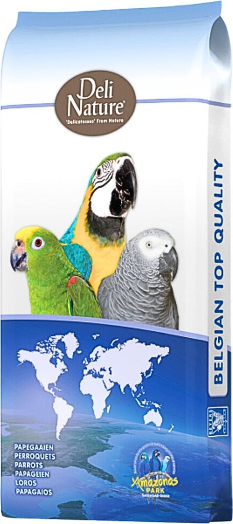 A bag of bird food with images of parrots and a world map.