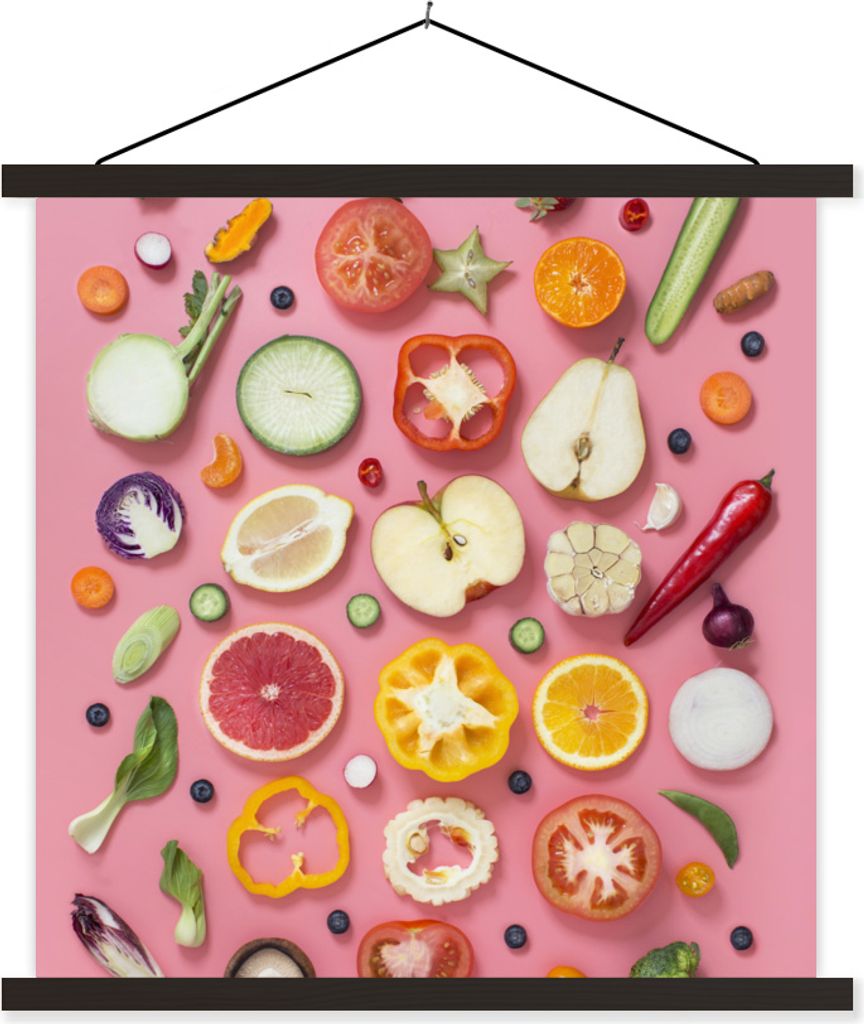 MuchoWow Textilposter Gemüse - Obst - Rosa 90x90 cm mit schwarzem Rahmen - Magnetisches