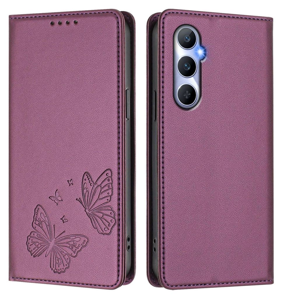 Lederhülle für Realme C65 4G, Schmetterling Prägung Leder Brieftasche Schutzhülle mit Ständer Lila