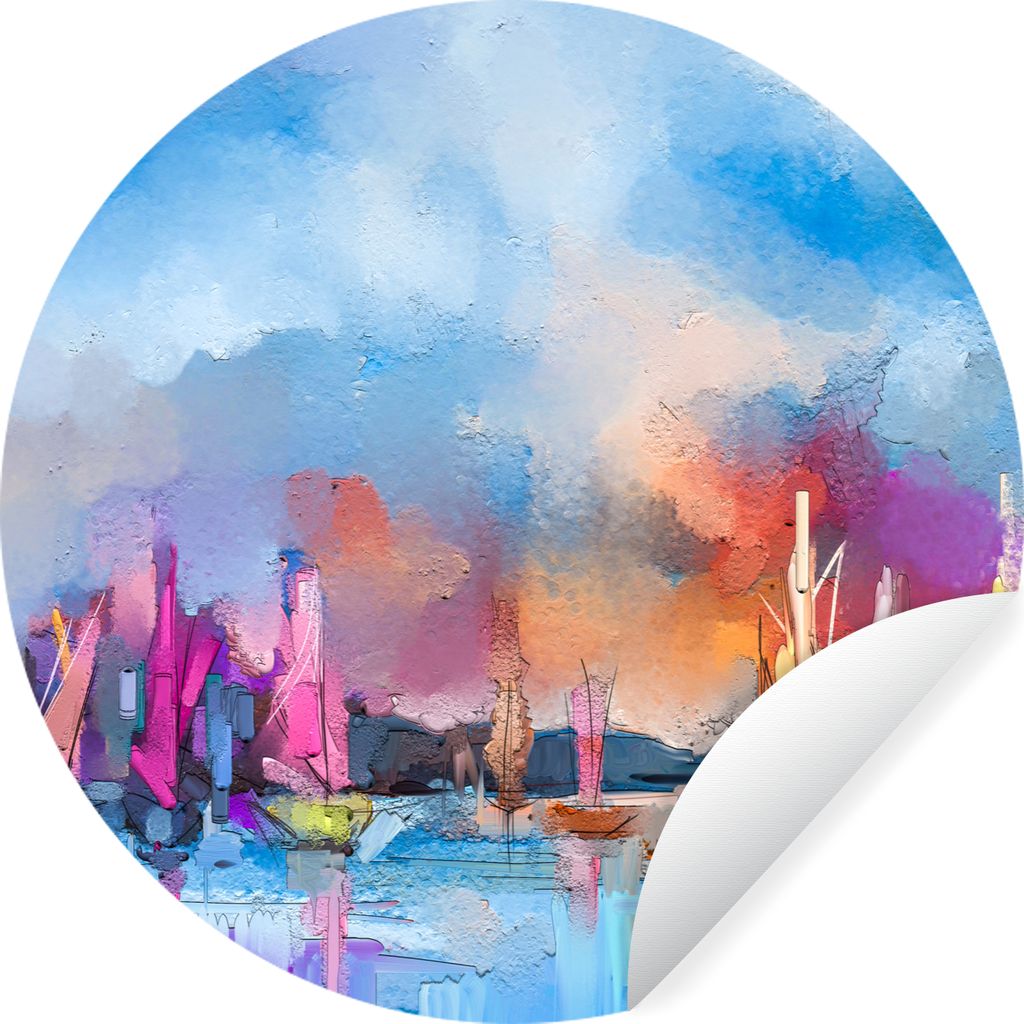 MuchoWow Runde Wandtattoo - Wandsticker Tapete Aufkleber Malerei - Boote - Wasser Ø 50 cm Selbstklebend und Repositionierbar - Wandaufkleber - K...