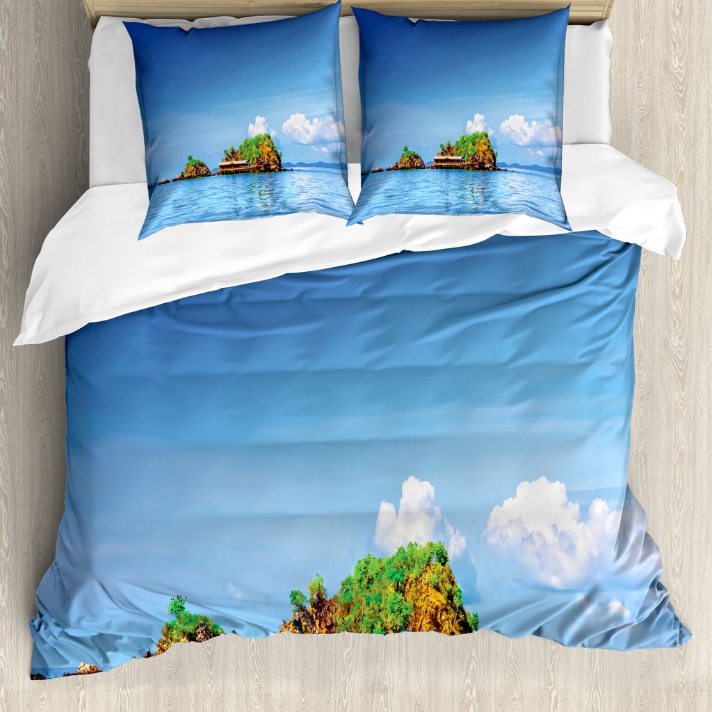 ABAKUHAUS Insel Bettbezug, Idylle Tropic Inseln, Milbensicher Allergiker geeignet mit Kissenbezügen, 200 cm x 200 cm - 80 x 80 cm, Blau Weiss