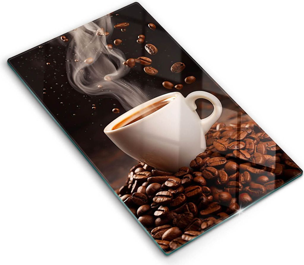 Glasschneideplatte - Herdabdeckplatte - 30x52 cm - Schneidebrett - Spritzschutz - Heiße Tasse Kaffee