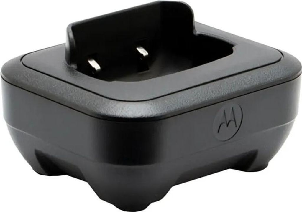 A black Motorola charger dock is shown against a white background.