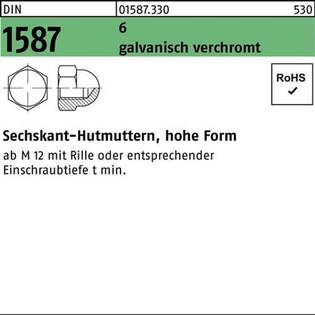Reyher Sechskant-Hutmuttern DIN 1587 6 M 5 verchromt Cr (100 Stück)
