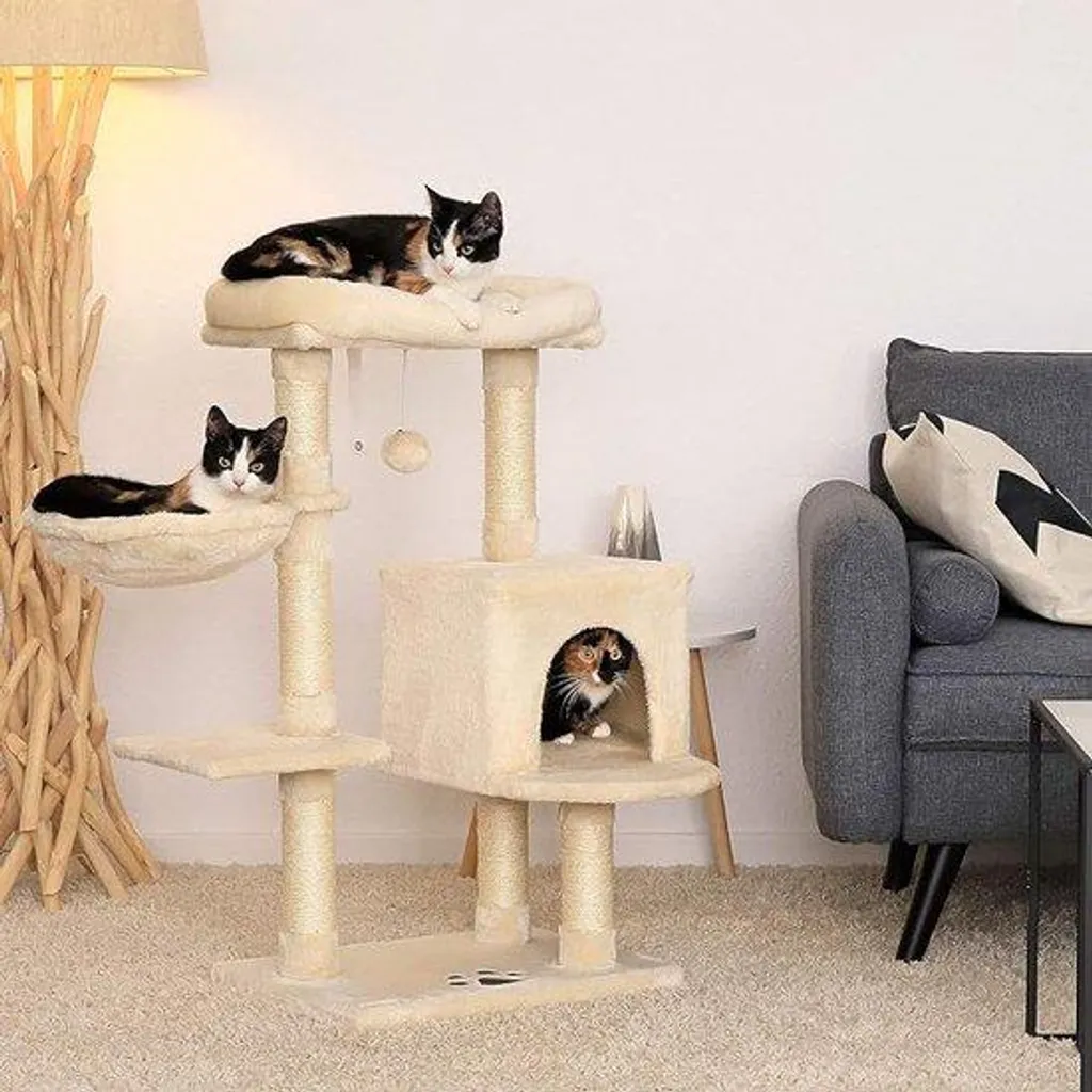 Arbre à chat complet avec maison intégrée et centre d'activités gris