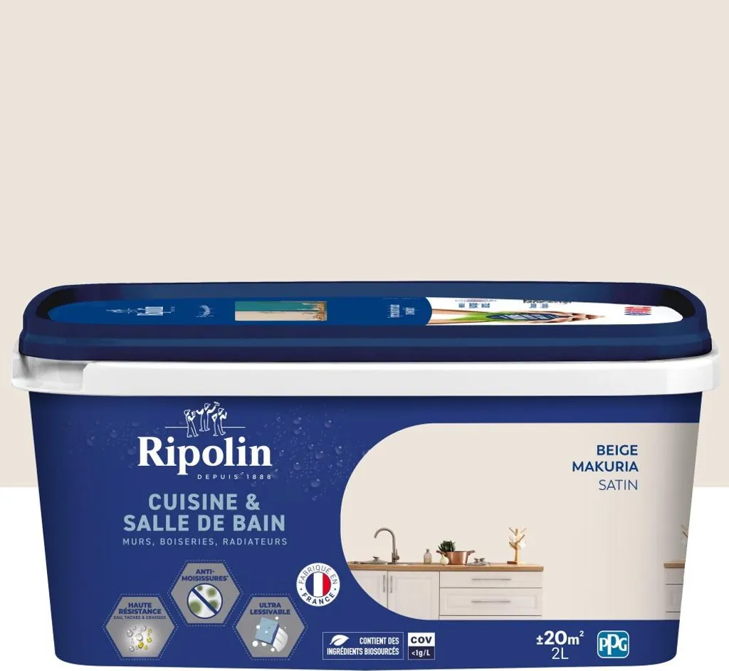 Peinture murale RIPOLIN Cuisine et Bain 2L coloris Beige Makuria Satin