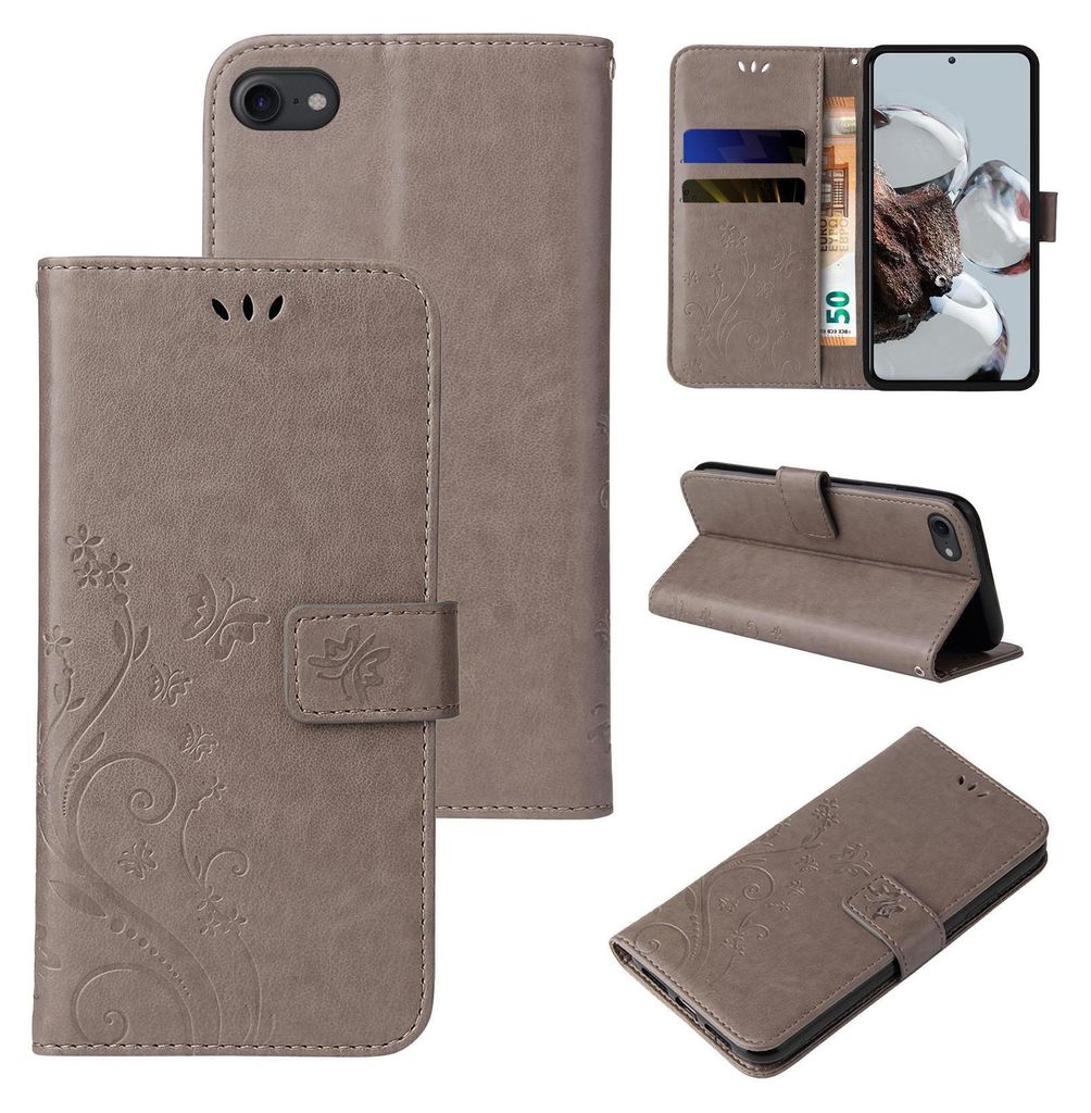 Handyhülle für Apple iPhone 7 / 8 / SE 2020 Floral Blumen Schmetterling Flip Cover Hülle Case Klapphülle Handytasche Farbe: Grau