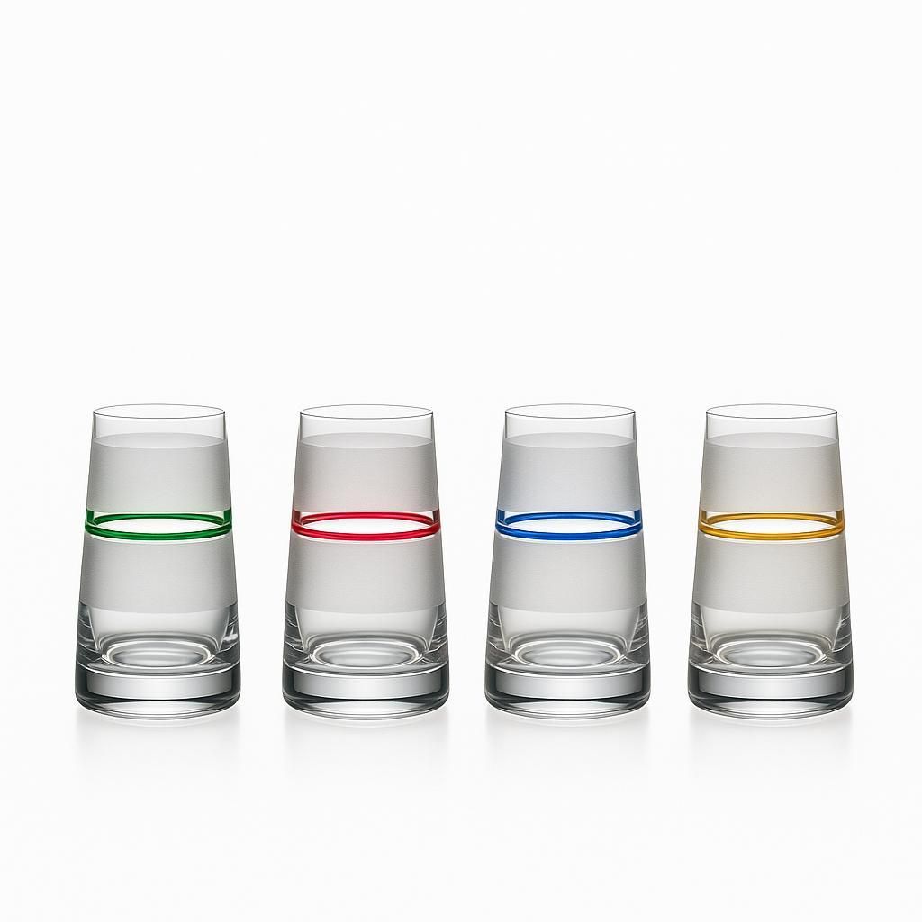 Crystalex Stripes Vase Set 4-Stk Ø 50 mm / Höhe 82 mm – Kristallglas in vier Farben (rot, gelb, blau, grün) – modernes Deko-Set