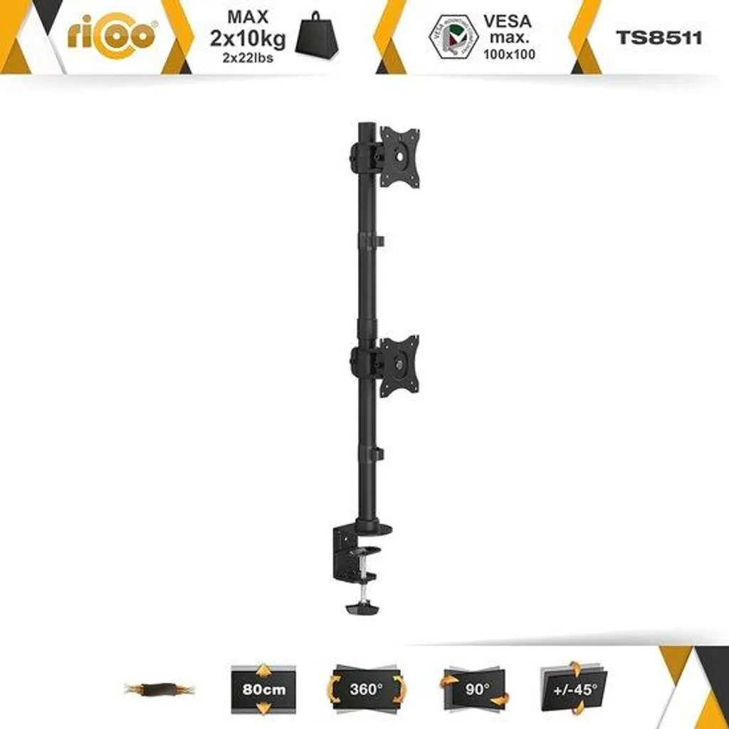 Bras pour deux écrans PC avec fixation de table VESA pour bureau ergonomique