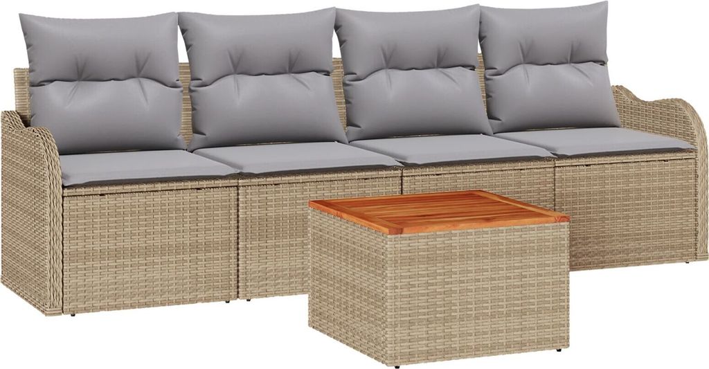 Möbel 5-teiliges Garten Sofaset mit Kissen Beiges Poly Rattan Akazie, 2-Sitzer Garten Sofa mit Kissen Beiges Poly Rattan - Gartensofas 3347385