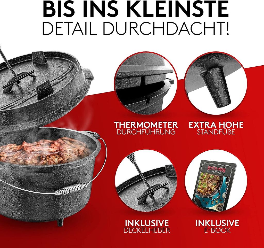 Dutch Oven Set 10-teilig, 4.5 QT Feuertopf + Deckelheber & mehr, von BBQ- Toro