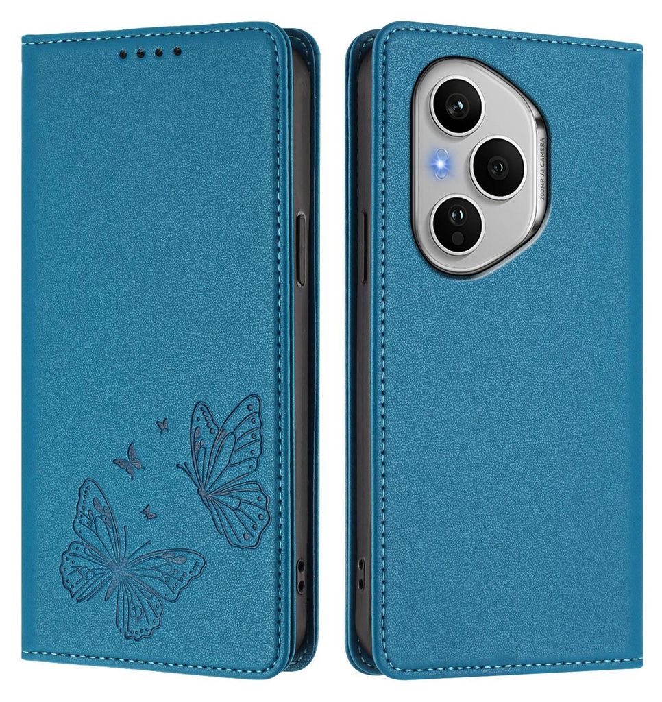 Lederhülle für Honor 400 Pro, Schmetterling Prägung Leder Brieftasche Schutzhülle mit Ständer Blau