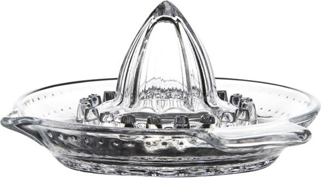 A clear studio shot of a glass citrus juicer.