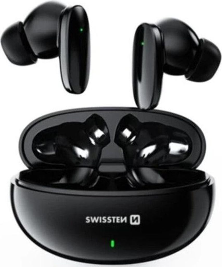 A pair of black wireless earbuds and their charging case are displayed against a white background.