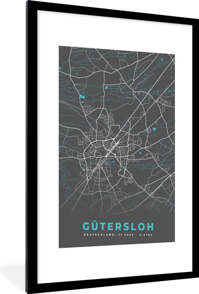 MuchoWow Gerahmtes Poster Stadtplan - Karte - Gütersloh - Blau - Deutschland - Karte 60x90 cm - Poster mit Schwarzem Bilderrahmen Wandposter Rah...