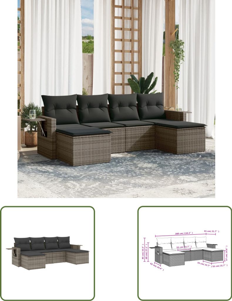 The Living Store 6-tlg. Garten-Sofagarnitur mit Kissen Grau Poly Rattan