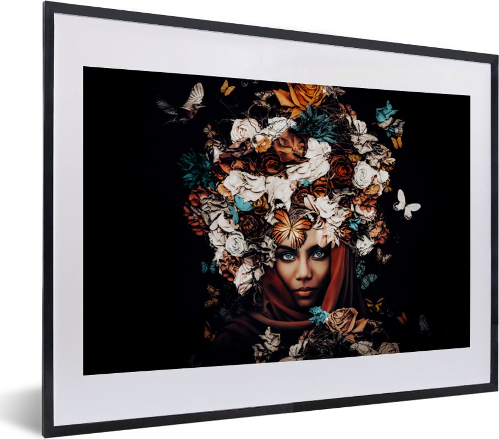 MuchoWow Gerahmtes Poster Blumen - Schmetterling - Frauen - Kopftuch 40x30 cm - Poster mit Schwarzem Bilderrahmen Wandposter Rahmen Foto Bilder -...
