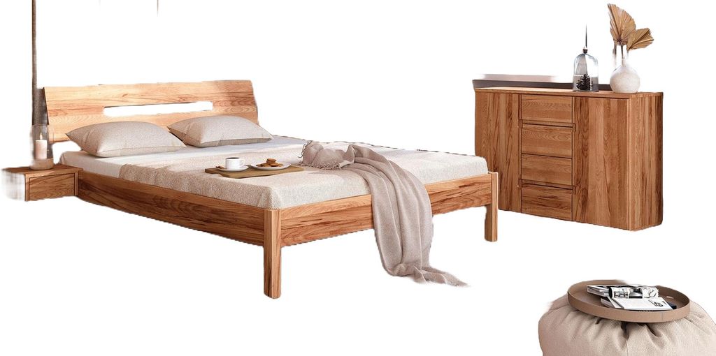 Bett Bento 7 Sonderlänge 90x190 Kernbuche massiv Holzkopfteil und Holzbeine