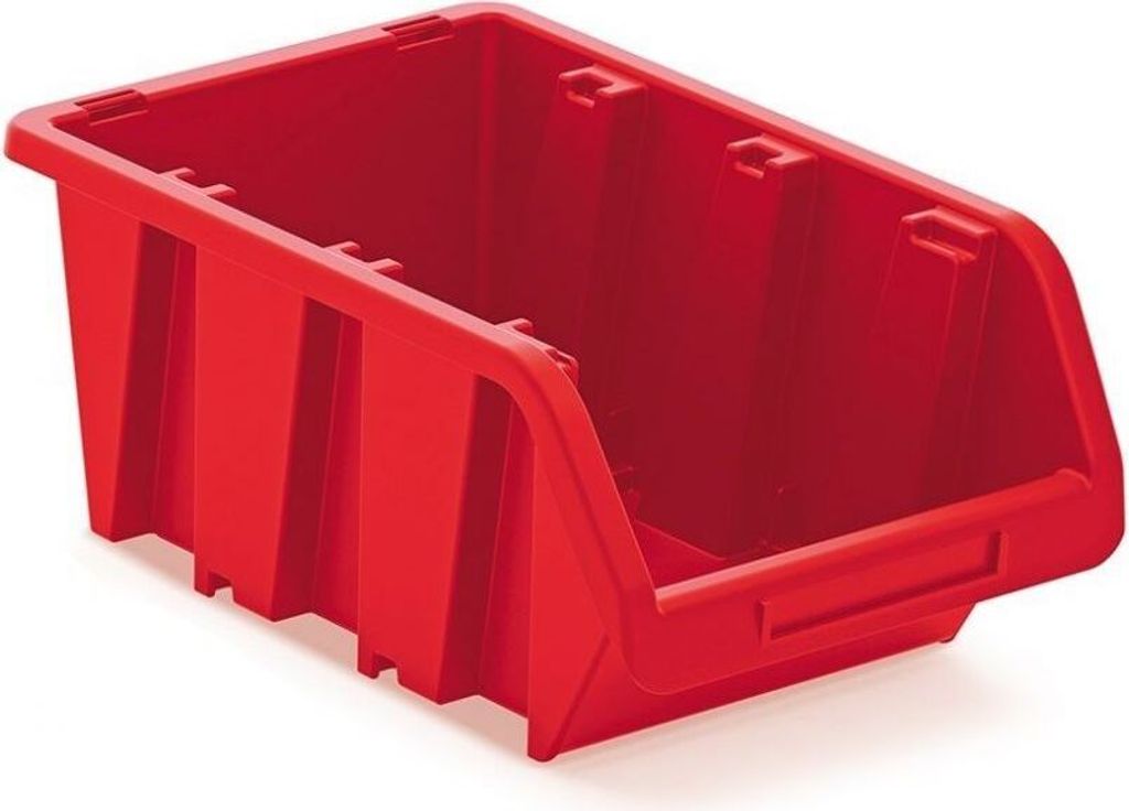 A red plastic storage bin is shown from a slightly elevated side angle against a white background.