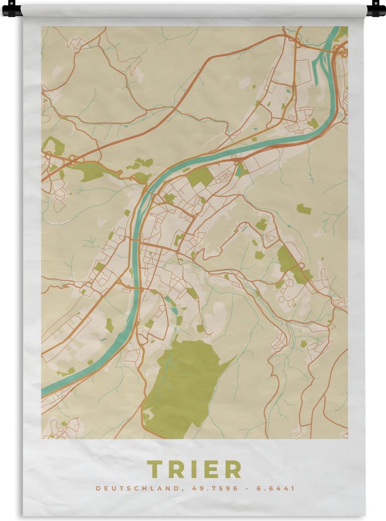 MuchoWow Wandteppich Wandbehang Trier - Karte - Stadtplan - Vintage 90x135 cm Tapisserie Dekoration Wandtuch - Baumwolle - Wandskulptur