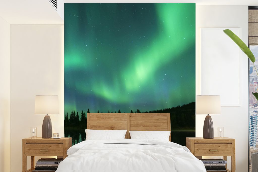 MuchoWow Fototapete für Wohnzimmer oder Schlafzimmer Wandtapete Vinyl Motivtapete Nordlicht - Bäume - Wasser - Alaska - 175x240 cm - Schlafzimm...