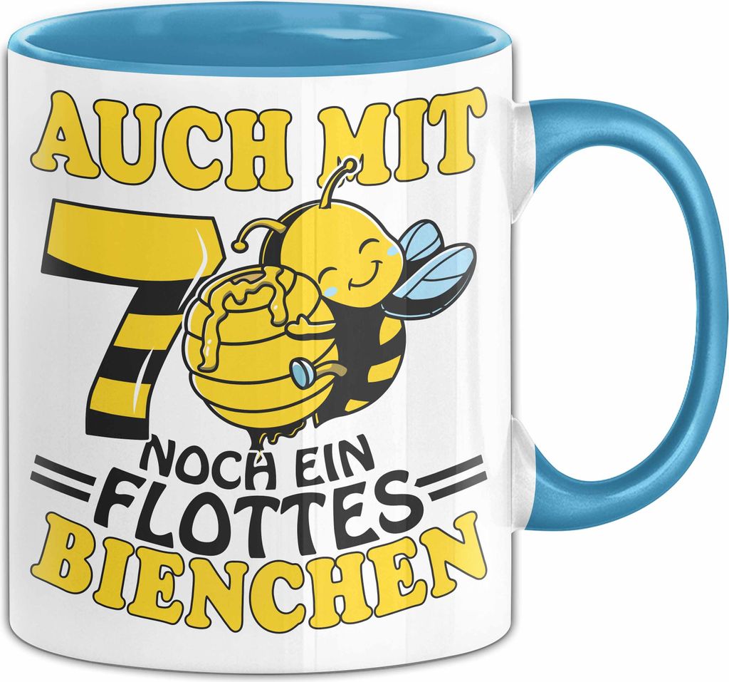 70. Geburtstag Tasse Geschenk Frauen Oma Großmutter Geschenkidee 70Er Bienen Auch Mit 70 Noch Ein Flottes Bienchen (Blau)
