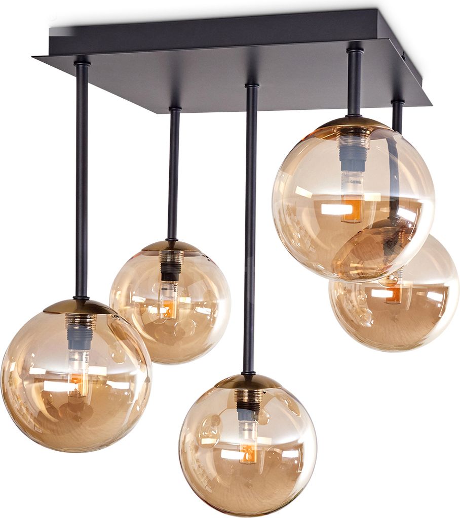 Isorella Deckenlampe aus Metall/Glas in Schwarz/Goldfarben/Bernsteinfarben