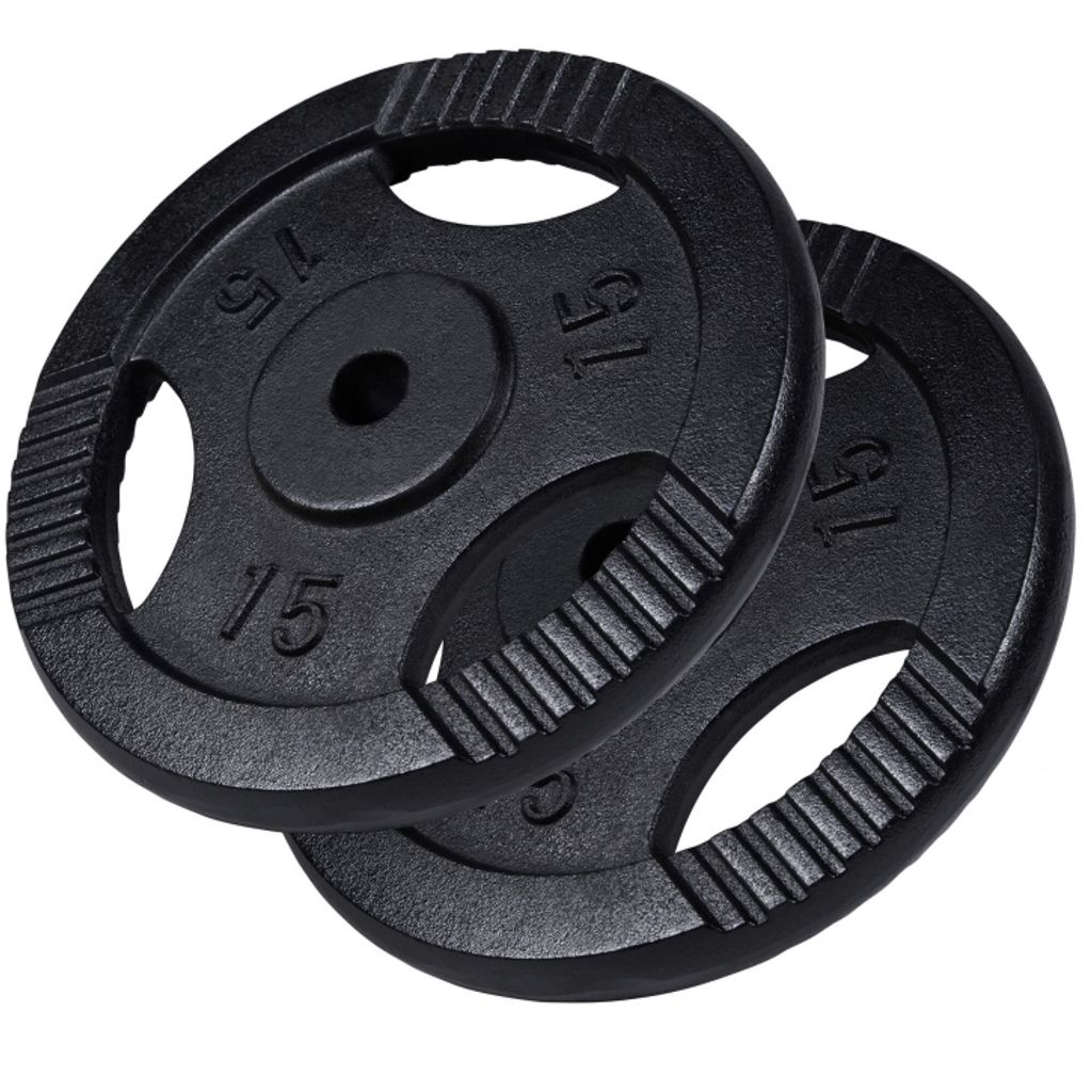 GORILLA SPORTS Hantelscheiben - Set 30kg, 2x15kg Gewichte, Tri-grip, 30mm, Gusseisen, Schwarz - Gewichtsscheiben, Hanteln Set