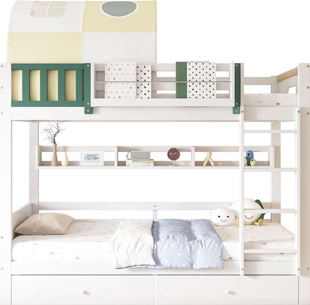 Etagenbett mit kleinem Zelt Fallschutz und Gitter Vierstufiger Leiter Schubladen Kinderbett Hausbett Jugendbett Doppelbett 90x200cm Weiß