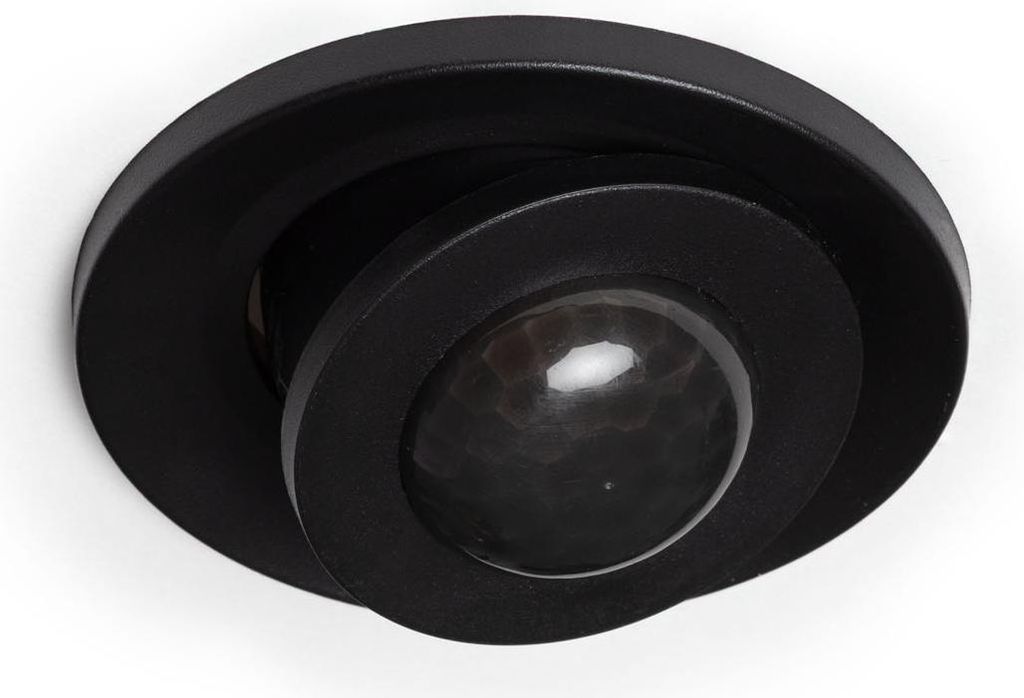 A black motion sensor with a dome-shaped lens is shown against a white background.