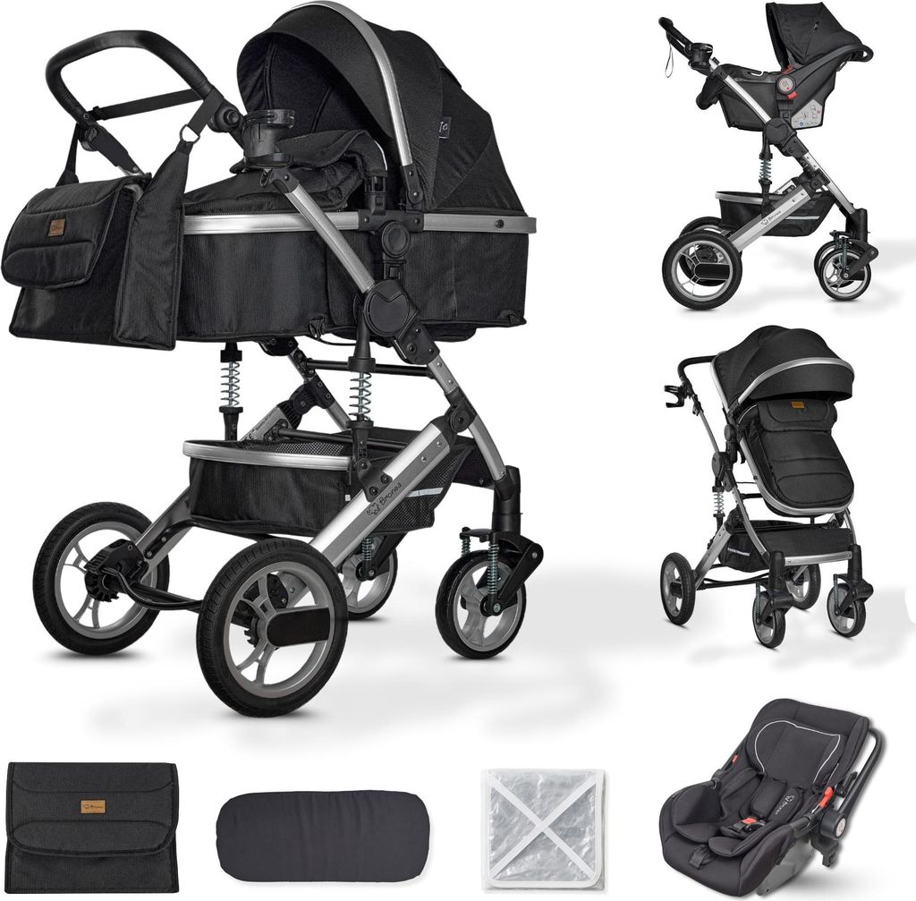 BRONEA EXQUISE 2.0 Kombi-Kinderwagen 3-in-1 mit MATRATZE & AUTO-BABYSCHALE, Buggy, Wickeltasche, Regenhaube, Mücken- & Sonnenschutz - Schwarz/Si...