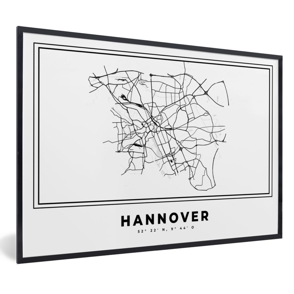 MuchoWow Gerahmtes Poster Schwarz und weiß - Deutschland - Karte - Stadtplan - Hannover 90x60 cm - Poster mit Schwarzem Bilderrahmen Wandposter ...