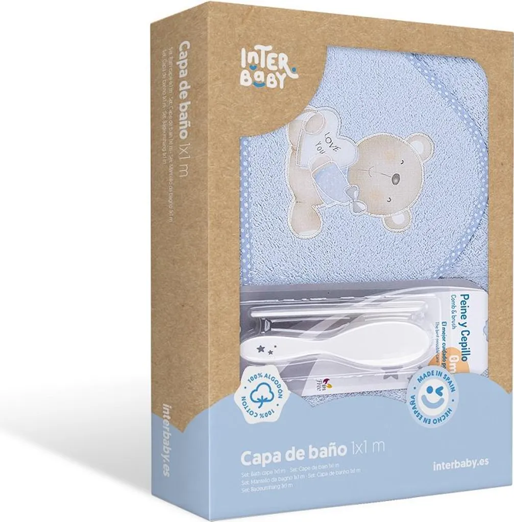 Sortie de Bain Bébé 100x100 cm Bleue et Kit de Coiffure Douce Interbaby