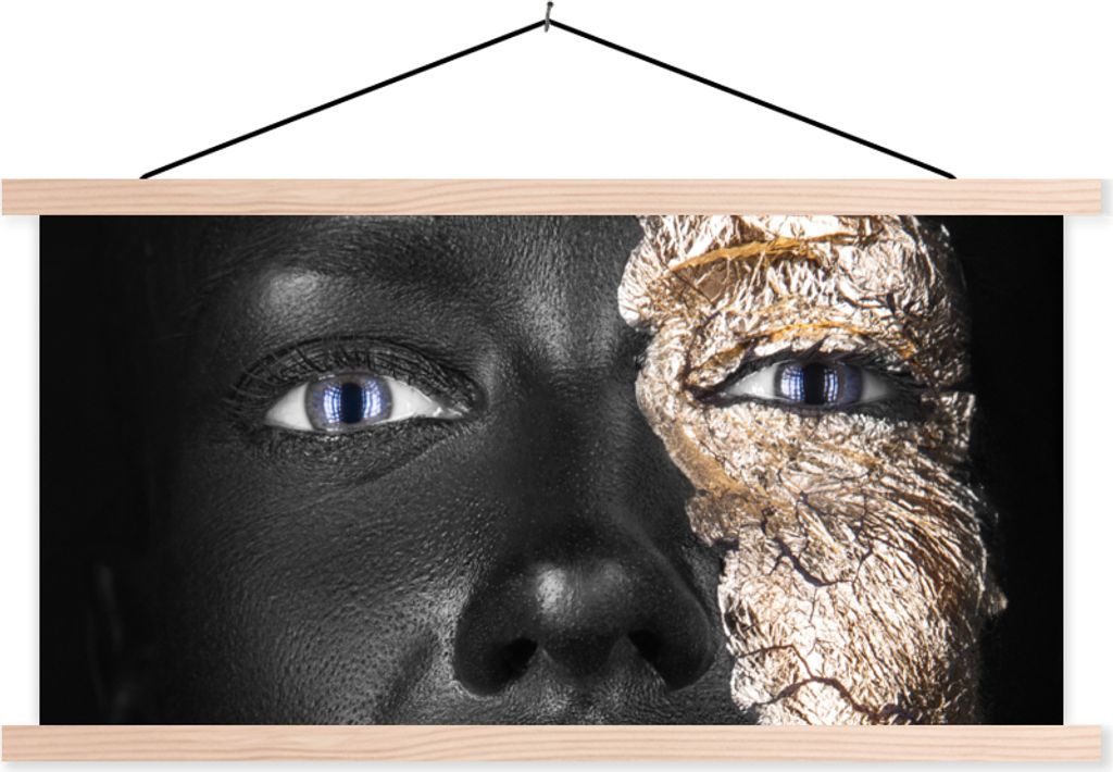 MuchoWow Textilposter Frau - Blattgold - Schwarz - Haut - Luxus 150x75 cm mit holzfarbenen Rahmen - Plakate