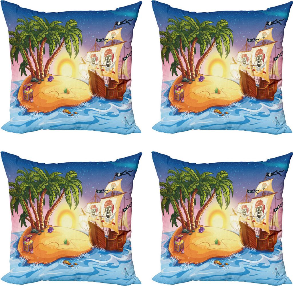 ABAKUHAUS Piratenschiff Kissenbezug Set (4 Stück), Exotic Sea Island, Moderner Doppelseitiger Digitaldruck, 40 cm x 40 cm, Mehrfarbig