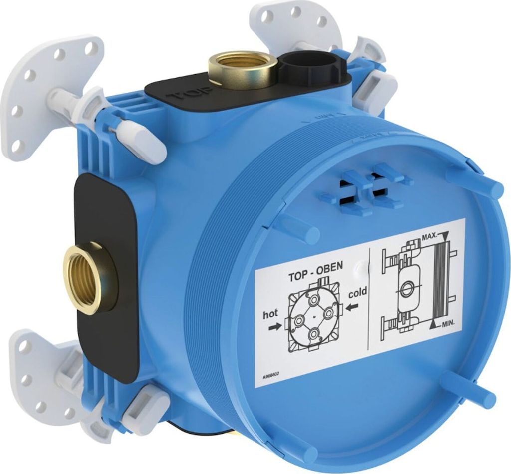 A blue plumbing valve body with brass fittings, shown in a studio setting against a white background.