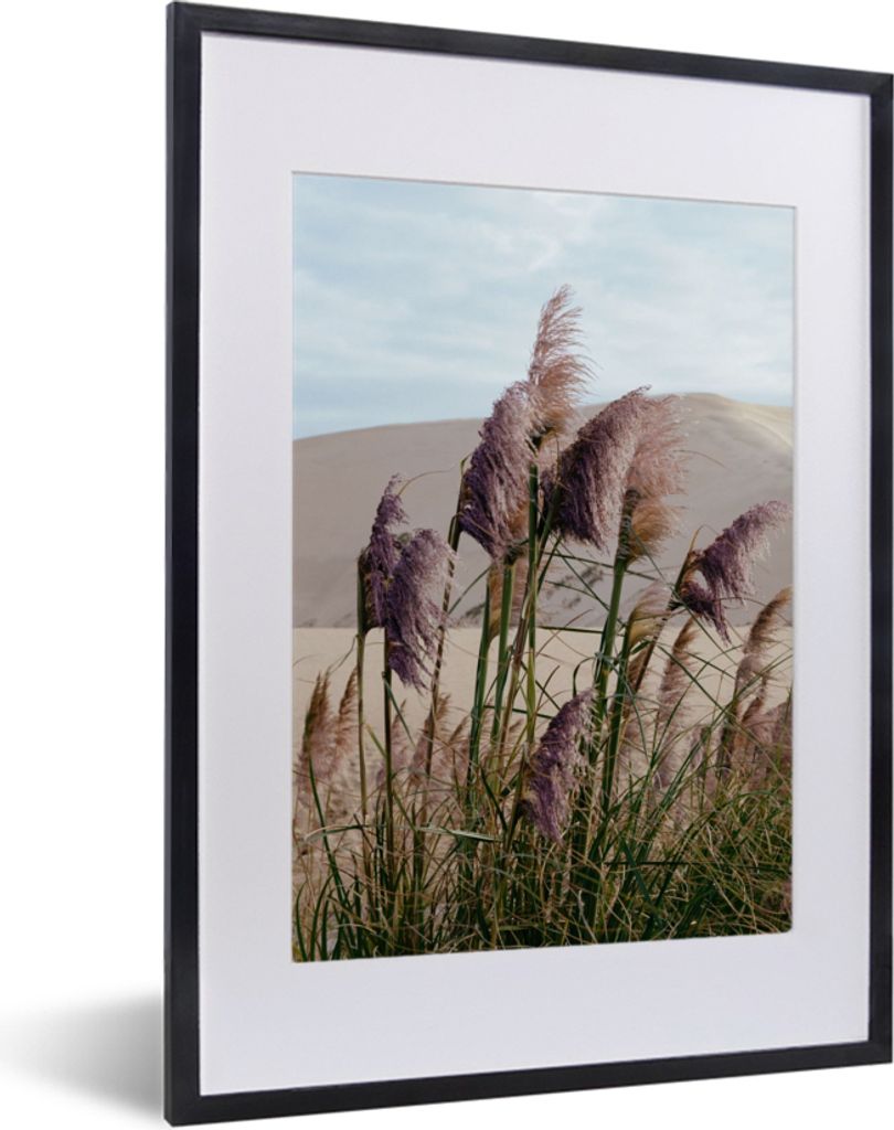 MuchoWow Gerahmtes Poster Pampasgras - Sand - Pflanzen - Düne 30x40 cm - Poster mit Schwarzem Bilderrahmen Wandposter Rahmen Foto Bilder - Wandp...